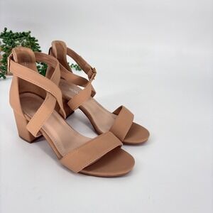 Top Moda Women's Nude Ankle Strap Block Heel Sandals Criss Cross Straps
